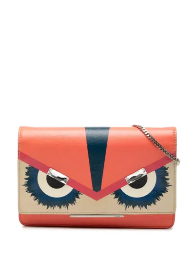 Pre-owned Fendi 2010-2025 Vitello Elite Crystal Eye Monster Continental Wallet On Chain Crossbody Bag In Orange