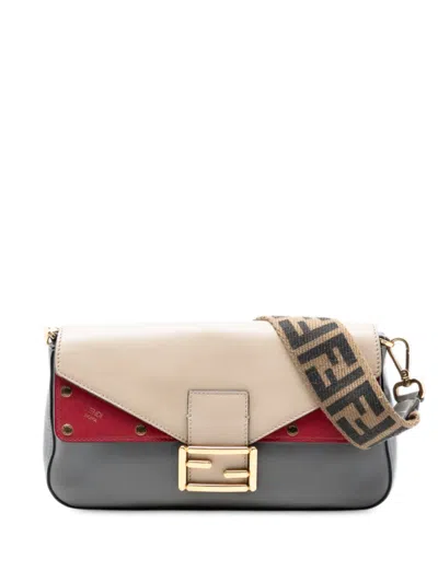 Pre-owned Fendi 2010-2025 Vitello Grace Ff 1974 Baguette Crossbody Bag In Gray