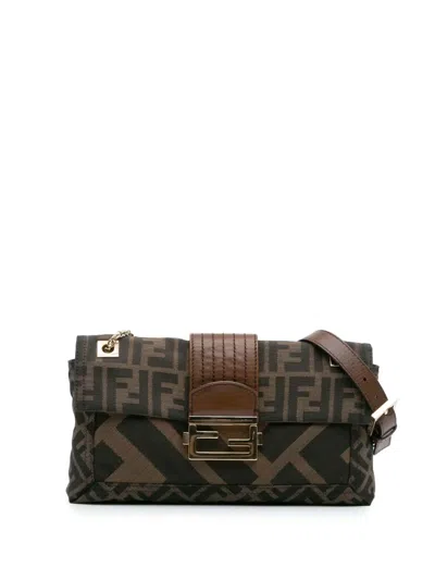 Pre-owned Fendi 2010-2025 Zucca Canvas And Leather Chain Maxi Baguette Crossbody Bag In Brown