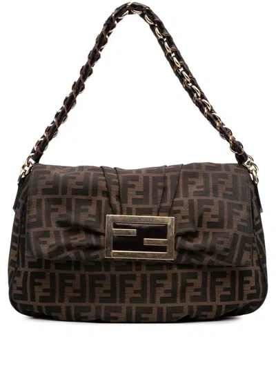Pre-owned Fendi 2010-2025 Zucca Canvas Mia Flap Shoulder Bag In Brown