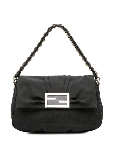 Pre-owned Fendi 2010-2025 Zucca Canvas Mia Flap Shoulder Bag In Black