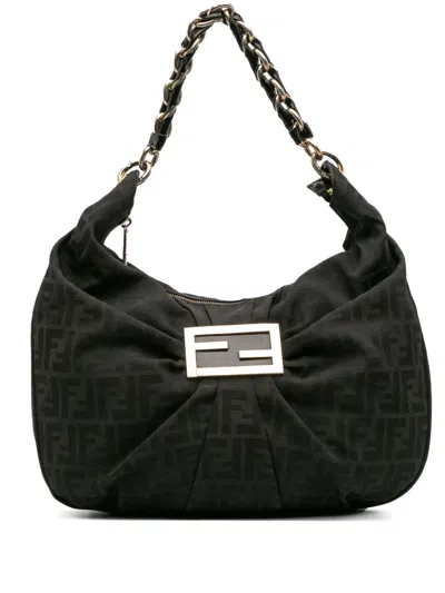 Pre-owned Fendi 2010-2025 Zucca Canvas Mia Hobo Shoulder Bag In Black