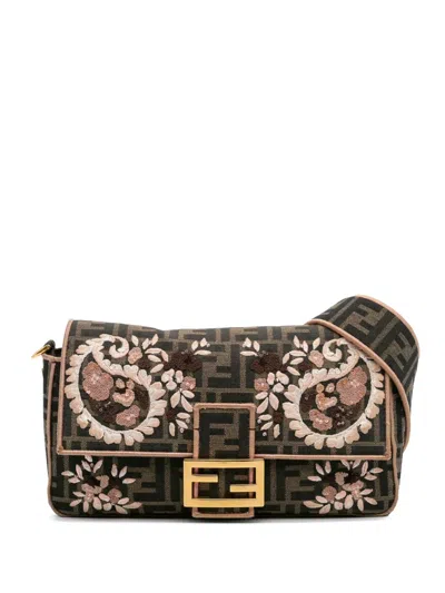Pre-owned Fendi 2010-2025 Zucca Canvas Paisley Embroidery Baguette Satchel In Brown