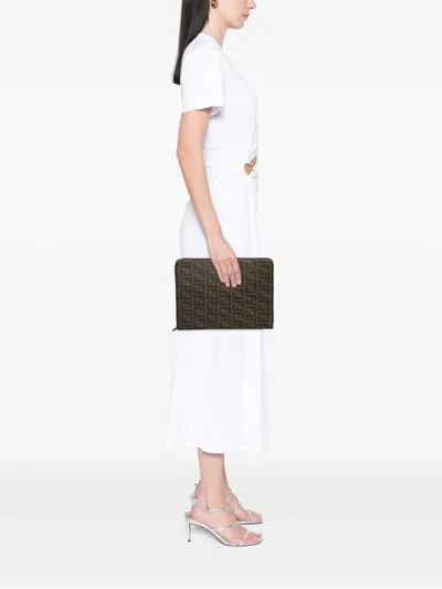 Pre-owned Fendi 2010-2025 Zucca Coated Canvas Clutch Bag In Brown