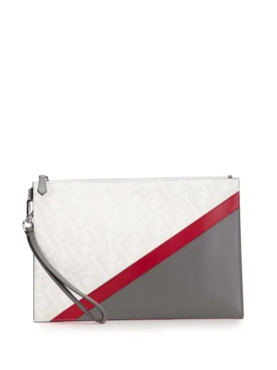 Pre-owned Fendi 2010-2025 Zucca Coated Canvas Ff 1974 Diagonal Vitello Liberty Clutch Bag In White