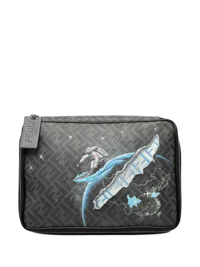 Pre-owned Fendi 2010-2025 Zucca Coated Canvas Surfing Astronaut Clutch Bag In Black