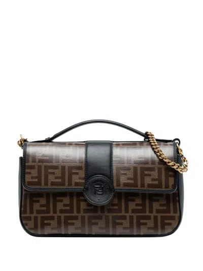 Pre-owned Fendi 2010-2025 Zucca Crystal Double F Baguette Satchel In Brown
