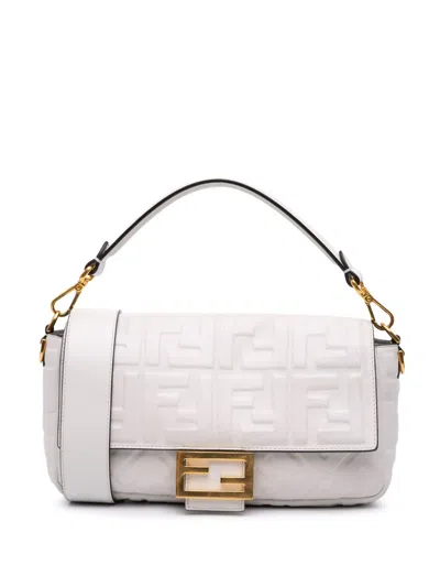 Pre-owned Fendi 2010-2025 Zucca Embossed Leather Baguette Satchel In White