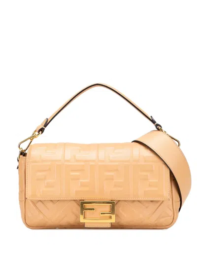 Pre-owned Fendi 2010-2025 Zucca Embossed Leather Baguette Satchel