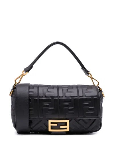Pre-owned Fendi 2010-2025 Zucca Embossed Leather Baguette Satchel In Black