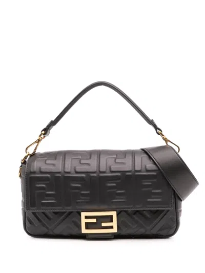 Pre-owned Fendi 2010-2025 Zucca Embossed Leather Baguette Satchel In Black