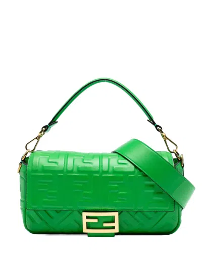 Pre-owned Fendi 2010-2025 Zucca Embossed Leather Baguette Satchel In Green
