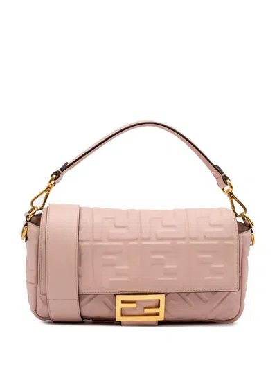 Pre-owned Fendi 2010-2025 Zucca Embossed Leather Baguette Satchel In Pink