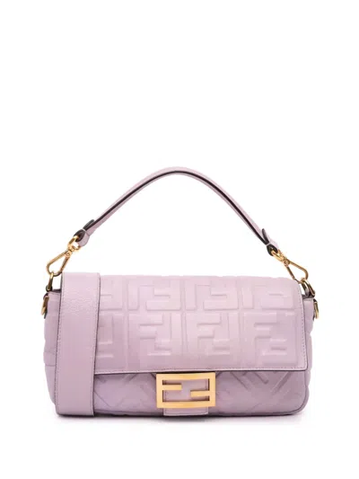 Pre-owned Fendi 2010-2025 Zucca Embossed Leather Baguette Satchel In Purple