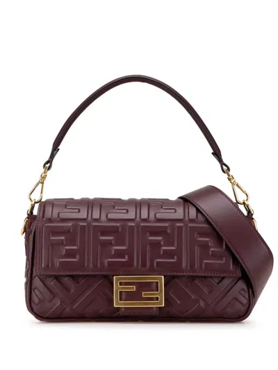 Pre-owned Fendi 2010-2025 Zucca Embossed Leather Baguette Satchel In Red