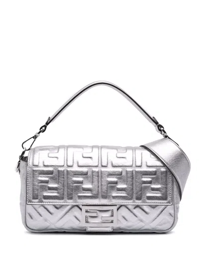 Pre-owned Fendi 2010-2025 Zucca Embossed Leather Baguette Satchel In Silver