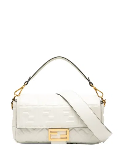 Pre-owned Fendi 2010-2025 Zucca Embossed Leather Baguette Satchel In White