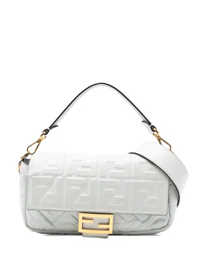 Pre-owned Fendi 2010-2025 Zucca Embossed Leather Baguette Satchel In White