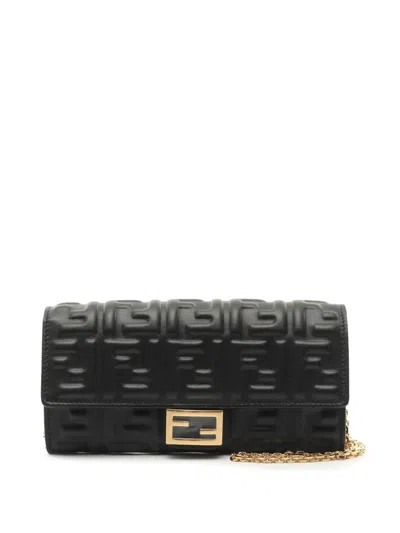 Pre-owned Fendi 2010-2025 Zucca Embossed Leather Baguette Wallet On Chain Crossbody Bag In Black
