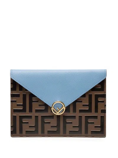 Pre-owned Fendi 2010-2025 Zucca Embossed Leather Envelope Clutch Bag In Blue