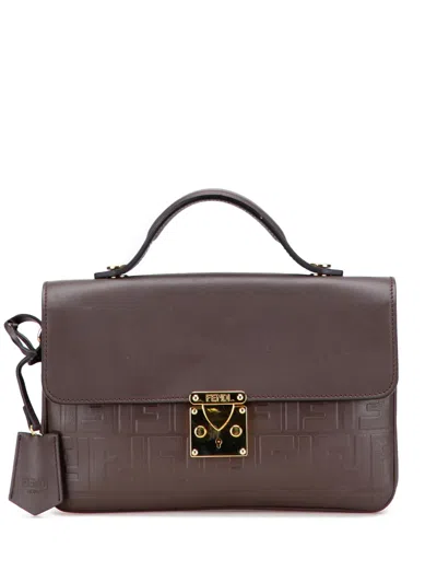Pre-owned Fendi 2010-2025 Zucca Embossed Leather Handle Clutch Bag In Brown