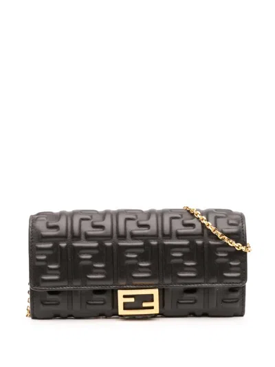 Pre-owned Fendi 2010-2025 Zucca Embossed Leather Wallet On Chain Crossbody Bag In Black