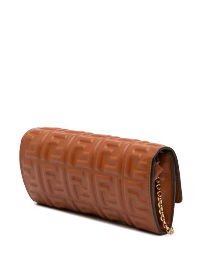 Pre-owned Fendi 2010-2025 Zucca Embossed Leather Wallet On Chain Crossbody Bag In Brown