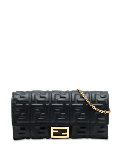 Pre-owned Fendi 2010-2025 Zucca Embossed Nappa Baguette Continental Wallet With Chain Crossbody Bag In Black