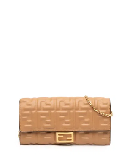 Pre-owned Fendi 2010-2025 Zucca Embossed Nappa Baguette Continental Wallet With Chain Crossbody Bag In Brown