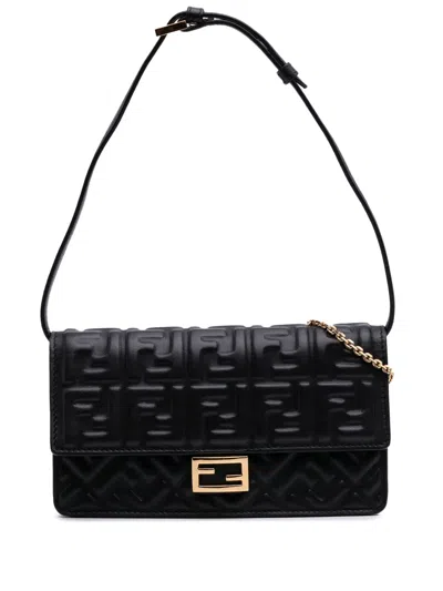 Pre-owned Fendi 2010-2025 Zucca Embossed Nappa Baguette Wallet On Chain Crossbody Bag