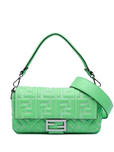 Pre-owned Fendi 2010-2025 Zucca Embossed Stitched Leather Baguette Satchel In Green
