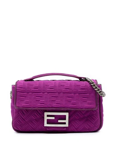 Pre-owned Fendi 2010-2025 Zucca Embossed Technical Fabric Chain Midi Baguette Shoulder Bag In Purple
