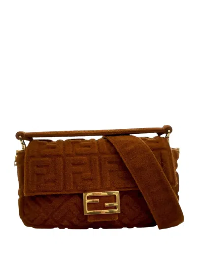 Pre-owned Fendi 2010-2025 Zucca Embossed Terry Cloth Baguette Satchel In Brown
