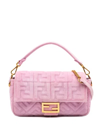 Pre-owned Fendi 2010-2025 Zucca Embossed Velvet Baguette Satchel In Pink