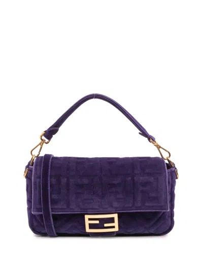 Pre-owned Fendi 2010-2025 Zucca Embossed Velvet Baguette Satchel In Purple