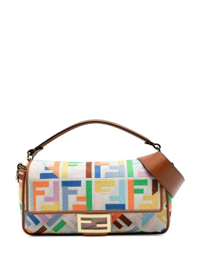Pre-owned Fendi 2010-2025 Zucca Embroidered Canvas Baguette Satchel In Brown