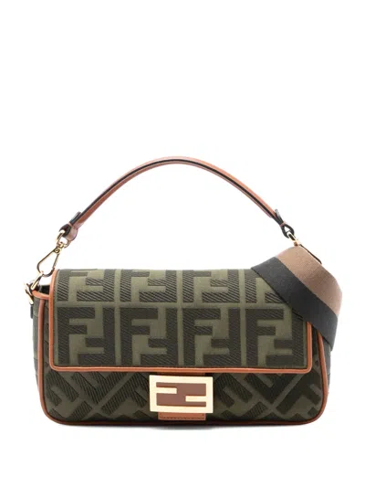 Pre-owned Fendi 2010-2025 Zucca Embroidered Canvas Baguette Satchel In Brown