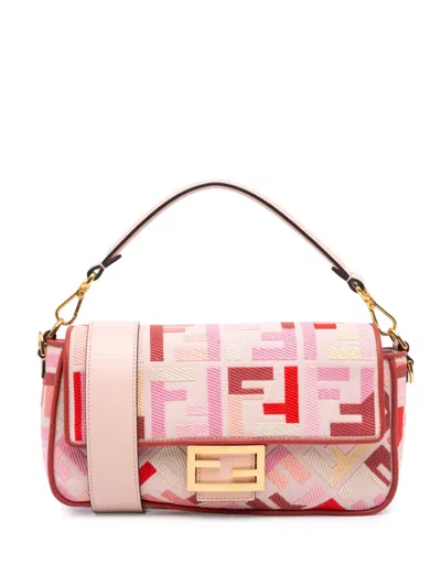 Pre-owned Fendi 2010-2025 Zucca Embroidered Canvas Baguette Satchel In Pink