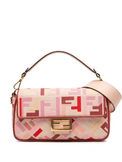 Pre-owned Fendi 2010-2025 Zucca Embroidered Canvas Baguette Satchel In Pink