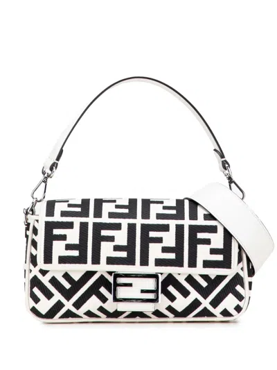 Pre-owned Fendi 2010-2025 Zucca Embroidered Canvas Baguette Satchel In White