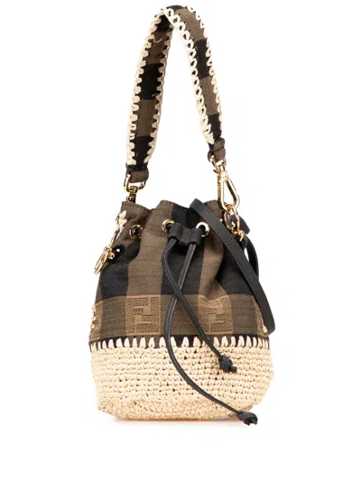 Pre-owned Fendi 2010-2025 Zucca Pequin Jaquard And Straw Mon Tresor Bucket Bag Satchel In Brown