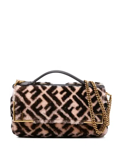 Pre-owned Fendi 2010-2025 Zucca Shearling Double F Baguette Satchel In Brown