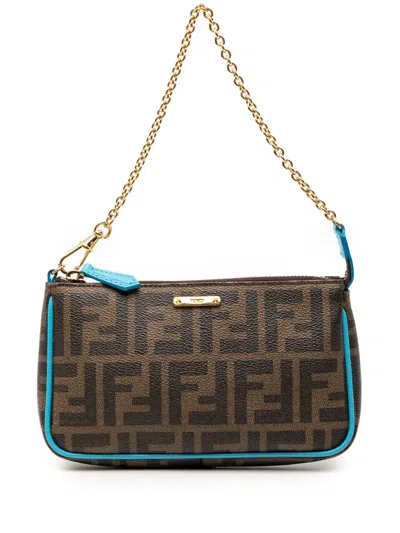 Pre-owned Fendi 2010-2025 Zucca Spalmati Chain Pochette Shoulder Bag In Blue