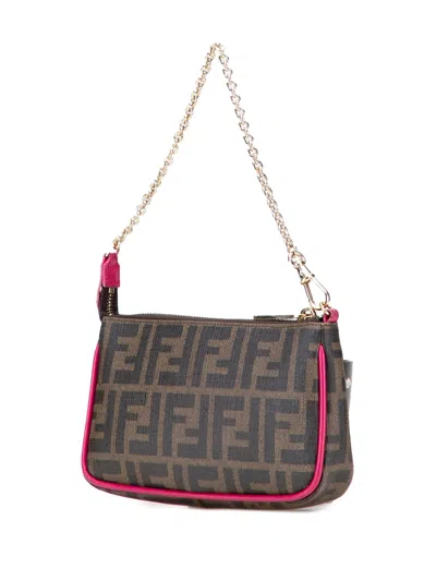 Pre-owned Fendi 2010-2025 Zucca Spalmati Chain Pochette Shoulder Bag In Brown