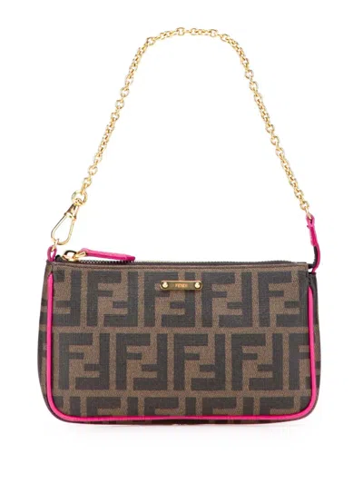 Pre-owned Fendi 2010-2025 Zucca Spalmati Chain Pochette Shoulder Bag In Brown