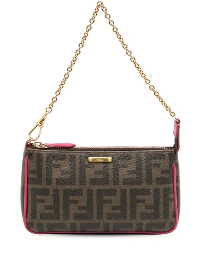 Pre-owned Fendi 2010-2025 Zucca Spalmati Chain Pochette Shoulder Bag In Brown