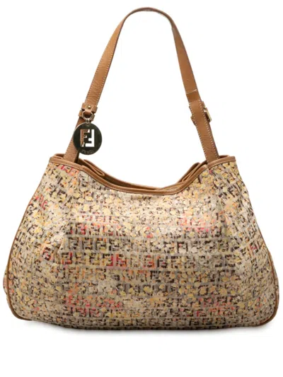 Pre-owned Fendi 2010-2025 Zucchino Canvas Floral Shoulder Bag In Brown