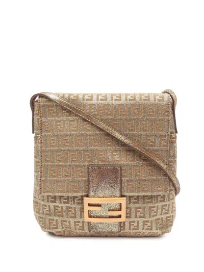 Pre-owned Fendi 2010-2025 Zucchino Metallic Canvas Flap Crossbody Bag In Gold