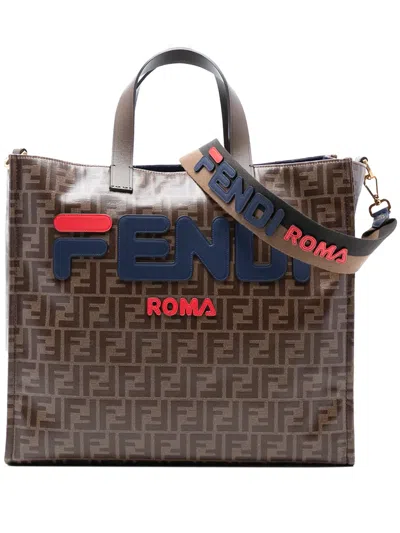 Pre-owned Fendi 2010-2026 Fila Glazed Fabric Ff 1974 Mania Shopping Tote Satchel In Brown