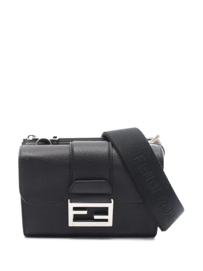 Pre-owned Fendi 2010-2026 Grained Leather Double Baguette Crossbody Bag In Black